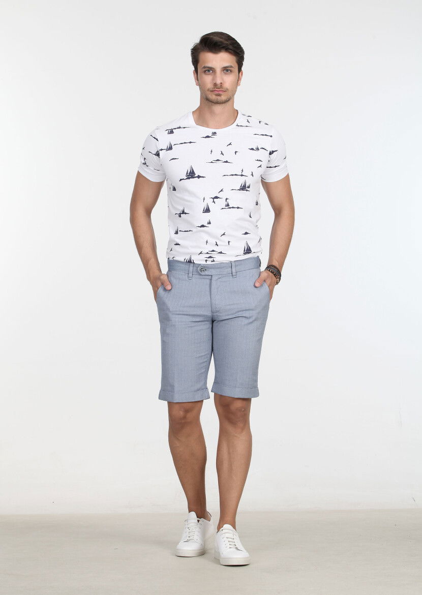 Mavi Çizgili Dokuma Regular Fit Casual %100 Pamuk Bermuda - 1