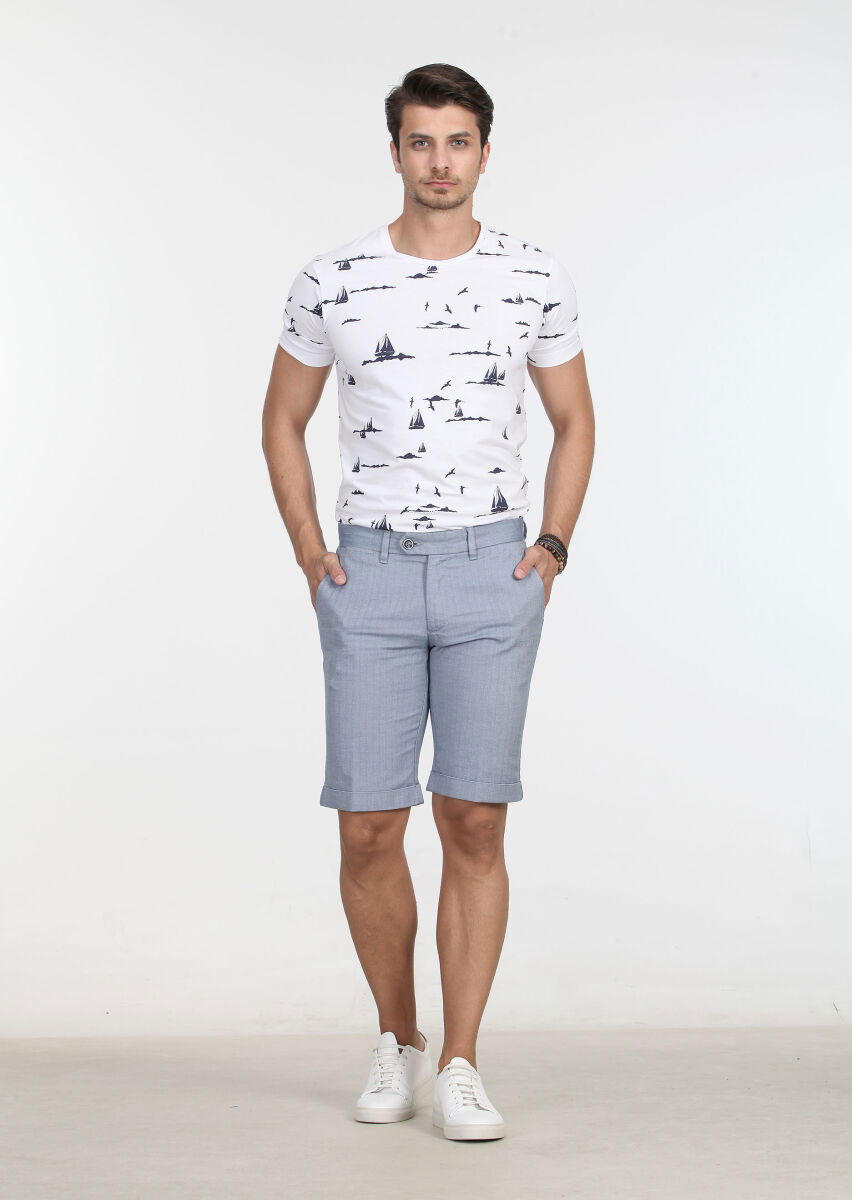 Mavi Çizgili Dokuma Regular Fit Casual %100 Pamuk Bermuda - 1