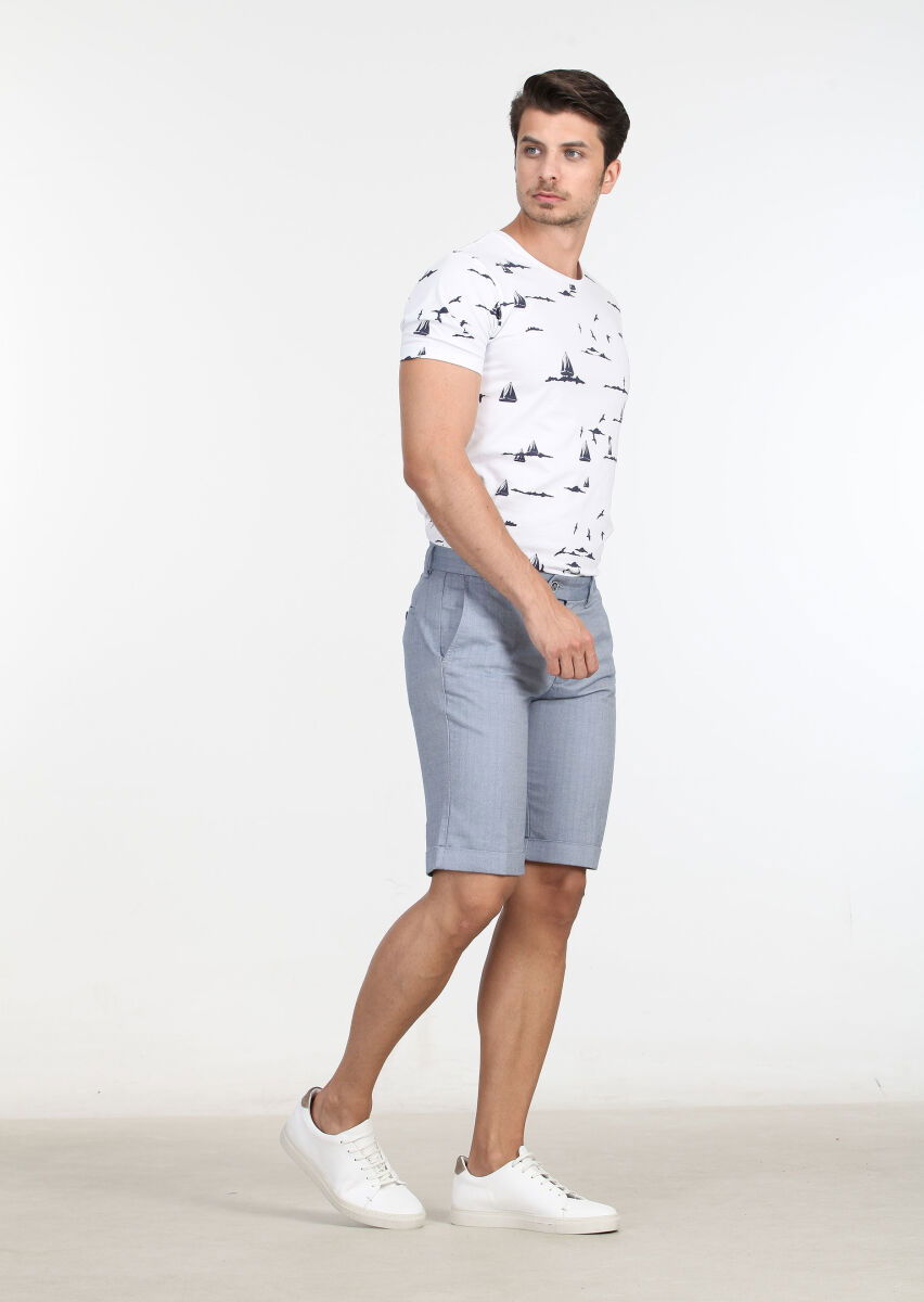 Mavi Çizgili Dokuma Regular Fit Casual %100 Pamuk Bermuda - 3