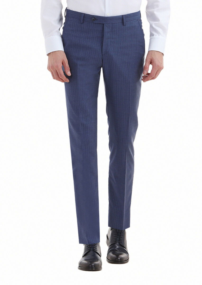 Mavi Çizgili Kumaş Modern Fit Klasik %100 Yün Pantolon - 2