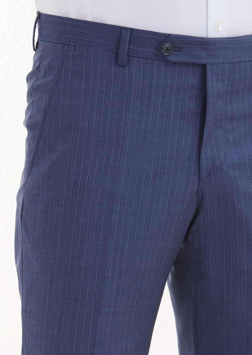 Mavi Çizgili Kumaş Modern Fit Klasik %100 Yün Pantolon - 3