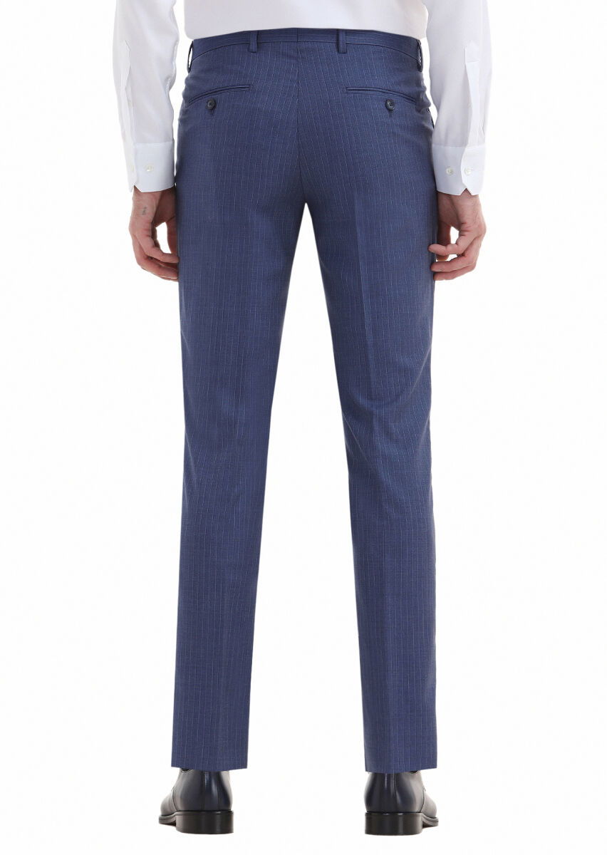 Mavi Çizgili Kumaş Modern Fit Klasik %100 Yün Pantolon - 4