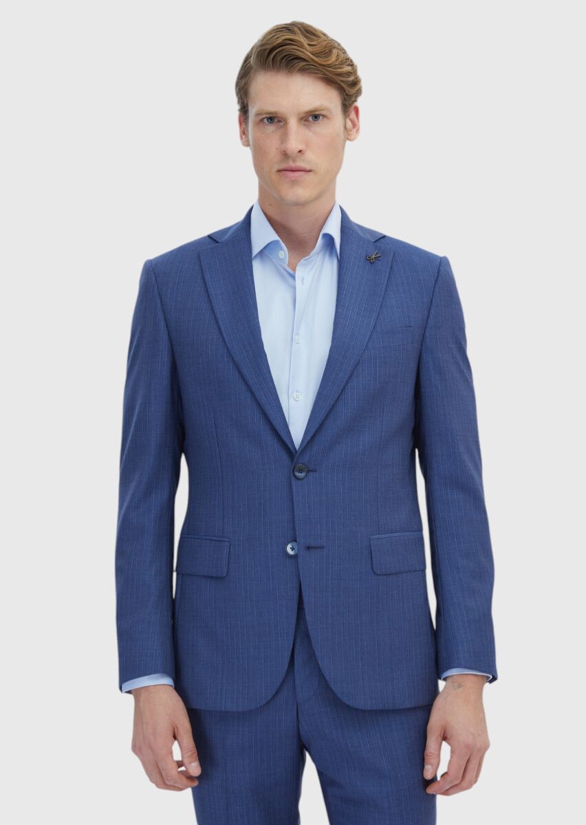 Mavi Çizgili Modern Fit %100 Yün Takım Elbise - 1