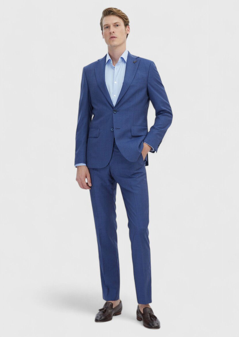 Mavi Çizgili Modern Fit %100 Yün Takım Elbise - 2