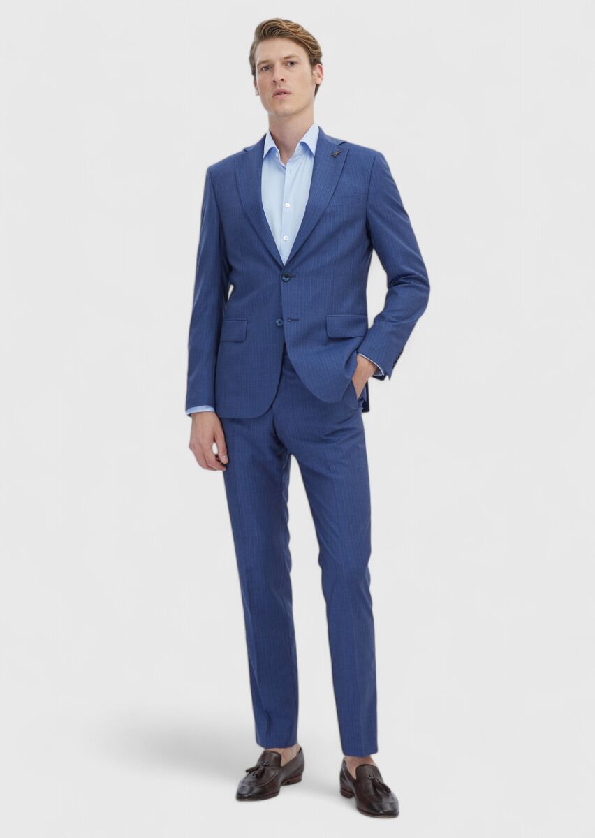 Mavi Çizgili Modern Fit %100 Yün Takım Elbise - 2
