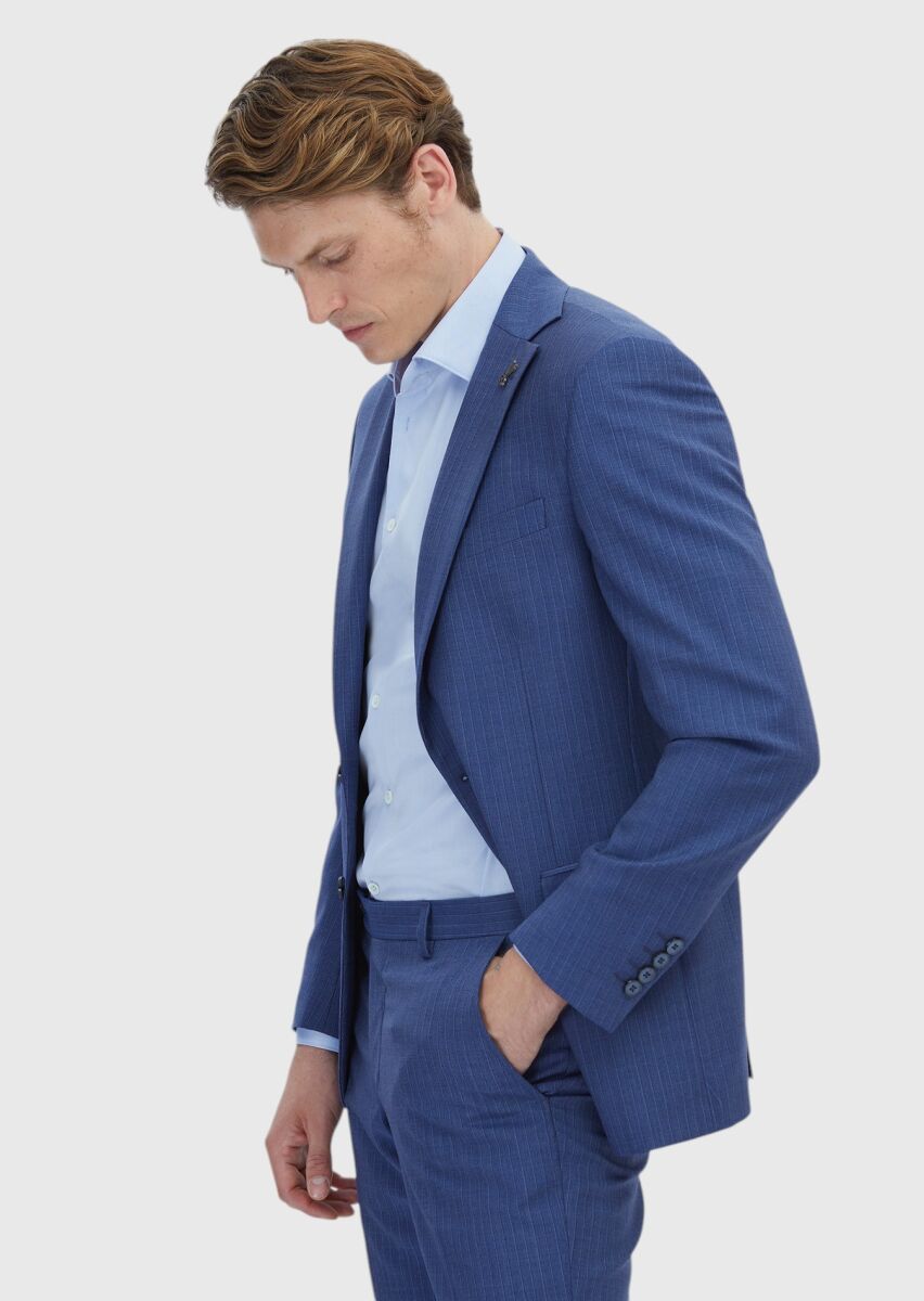 Mavi Çizgili Modern Fit %100 Yün Takım Elbise - 3