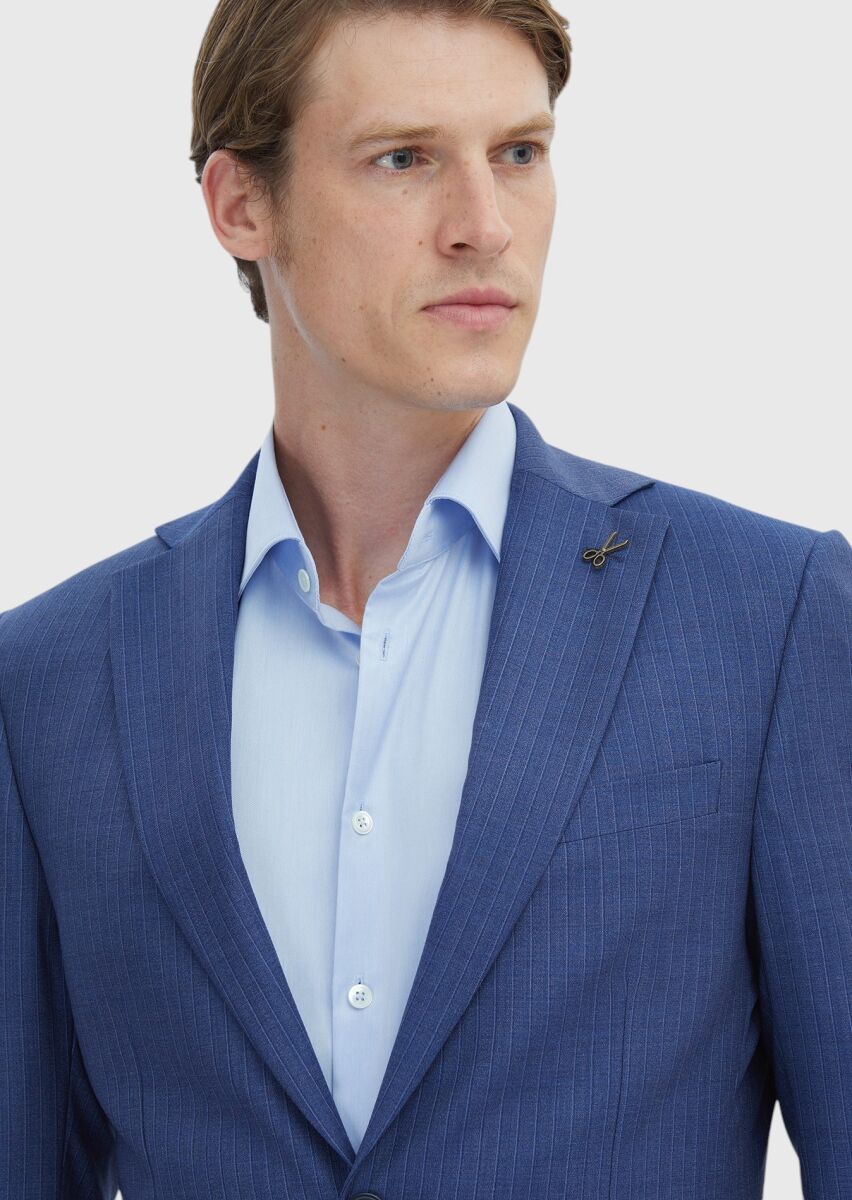 Mavi Çizgili Modern Fit %100 Yün Takım Elbise - 4