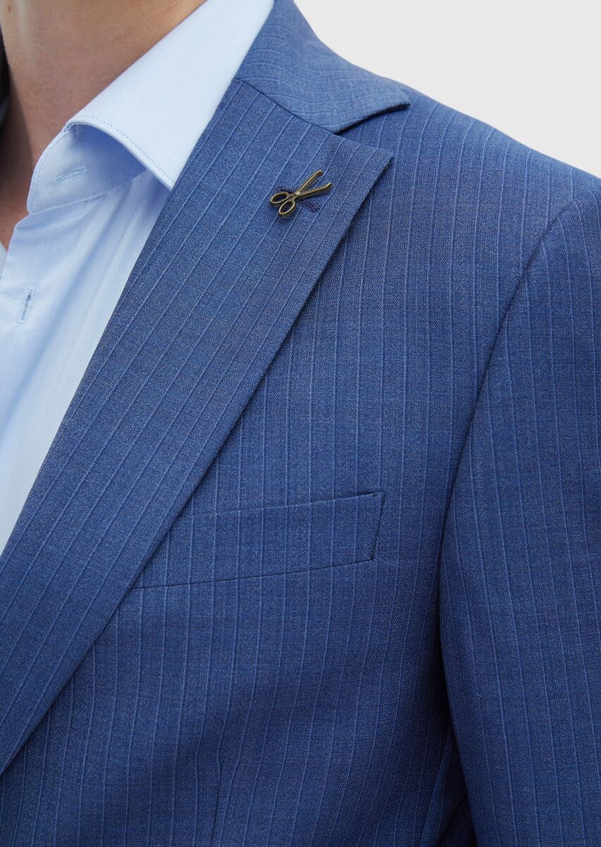 Mavi Çizgili Modern Fit %100 Yün Takım Elbise - 5