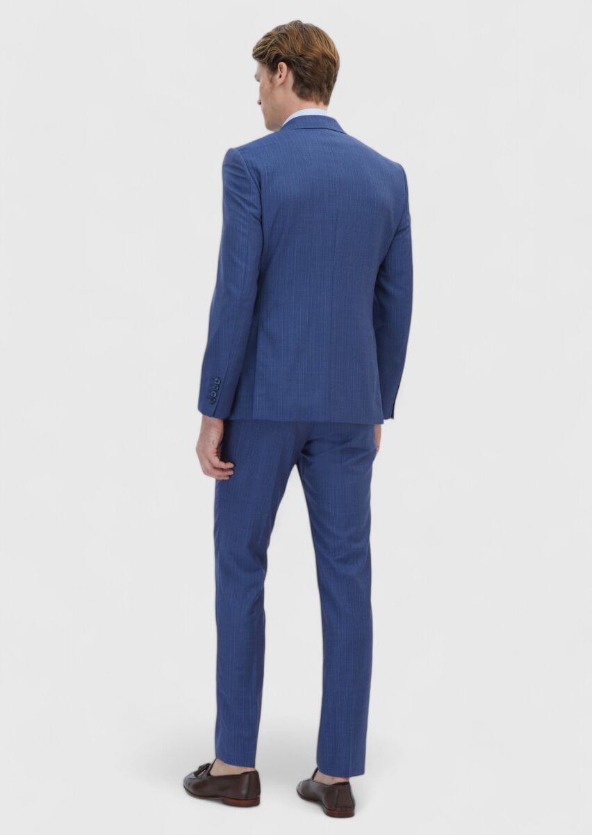 Mavi Çizgili Modern Fit %100 Yün Takım Elbise - 6