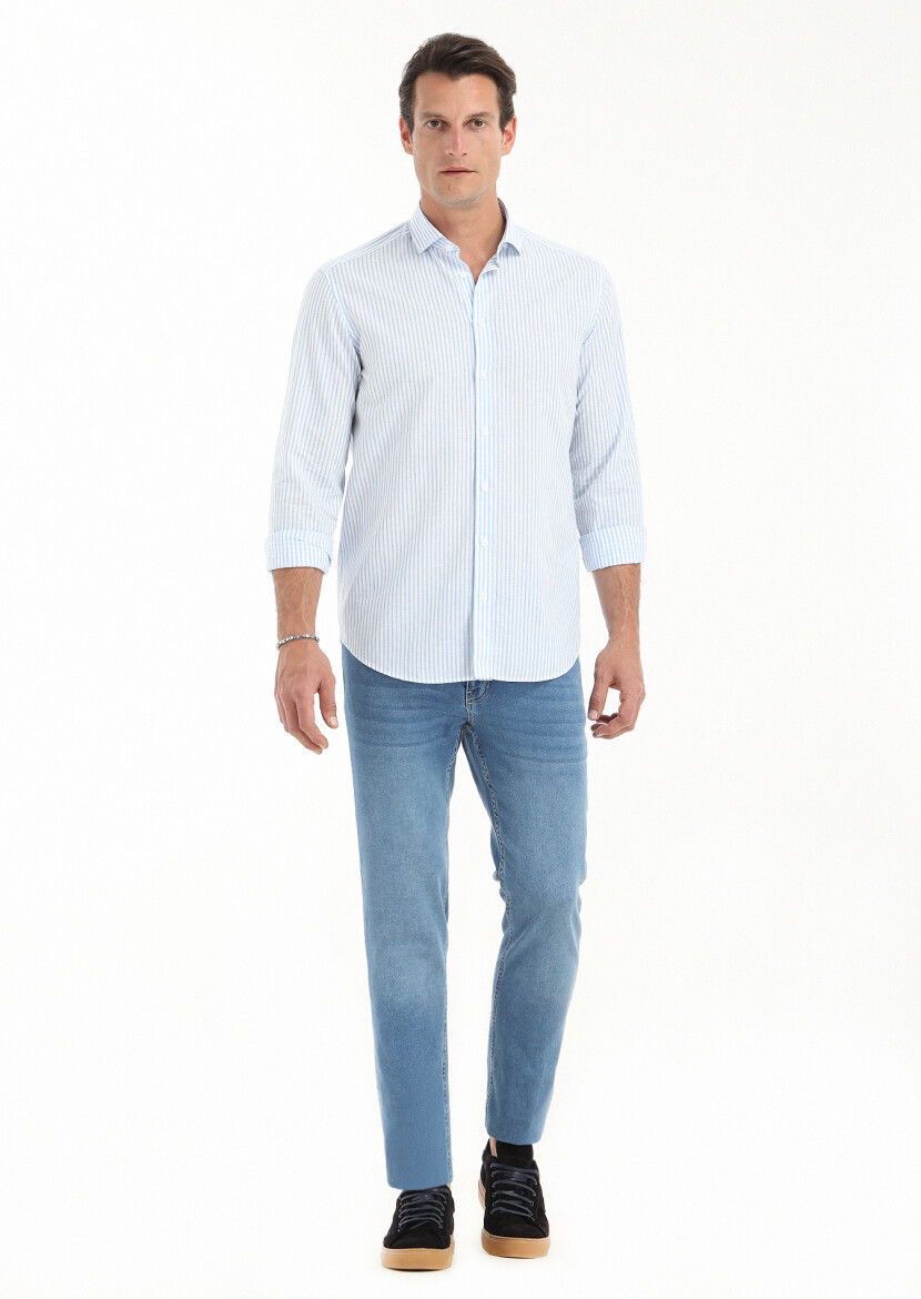Mavi Çizgili Regular Fit Dokuma Casual Pamuk Karışımlı Gömlek - 1