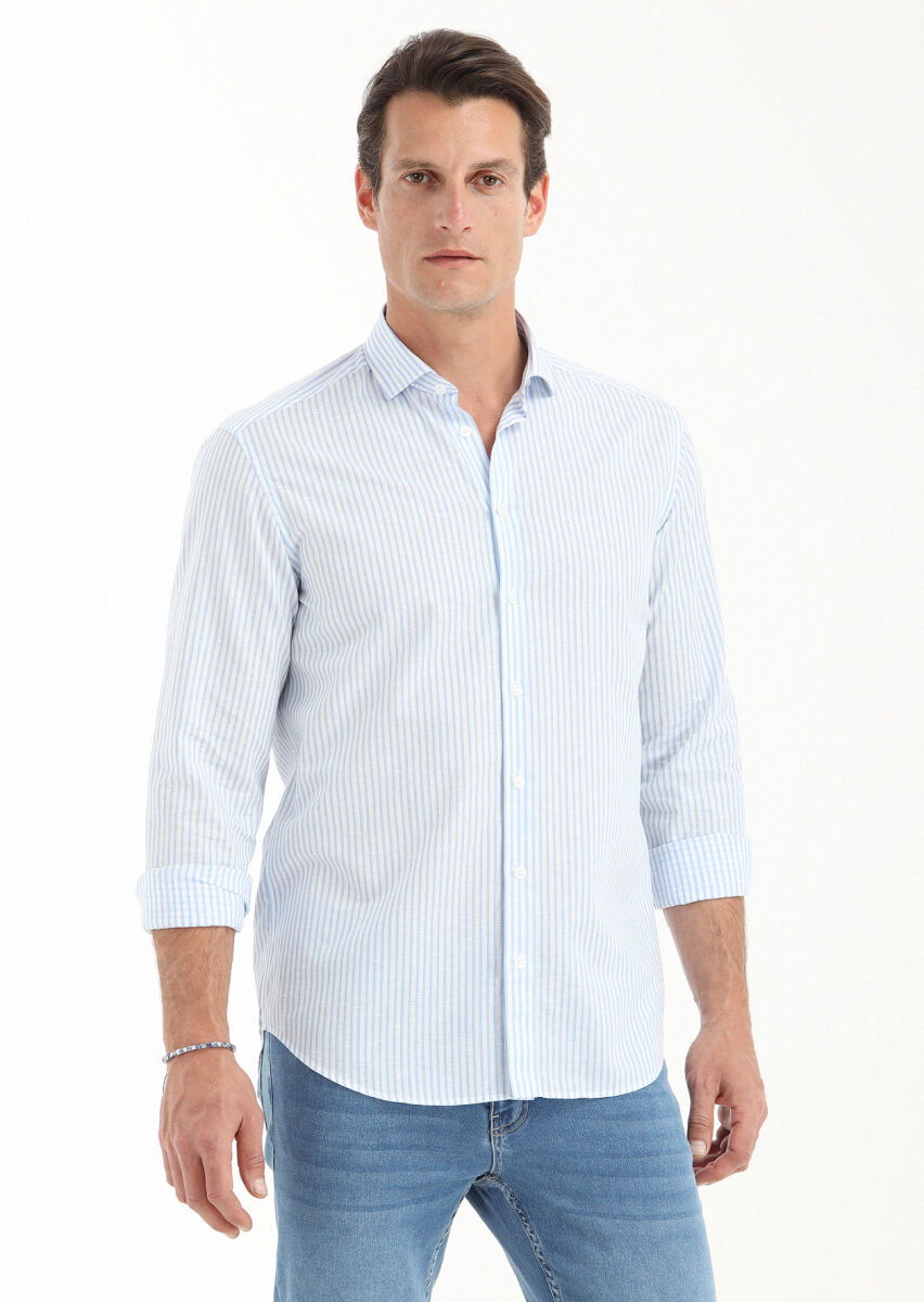Mavi Çizgili Regular Fit Dokuma Casual Pamuk Karışımlı Gömlek - 2