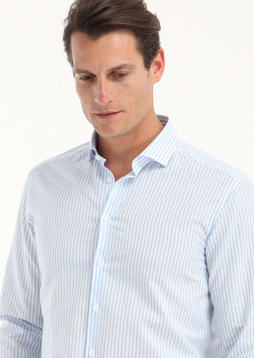 Mavi Çizgili Regular Fit Dokuma Casual Pamuk Karışımlı Gömlek - 3