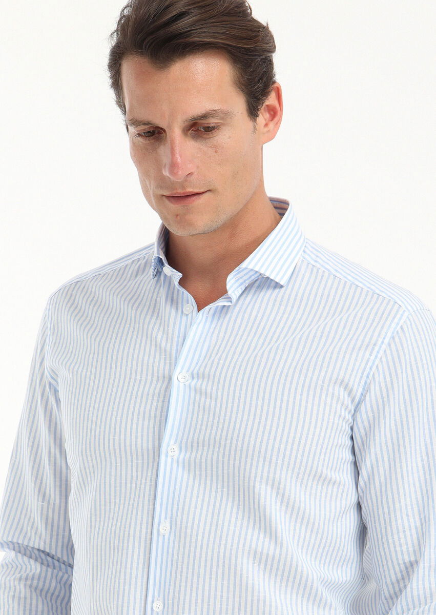Mavi Çizgili Regular Fit Dokuma Casual Pamuk Karışımlı Gömlek - 3