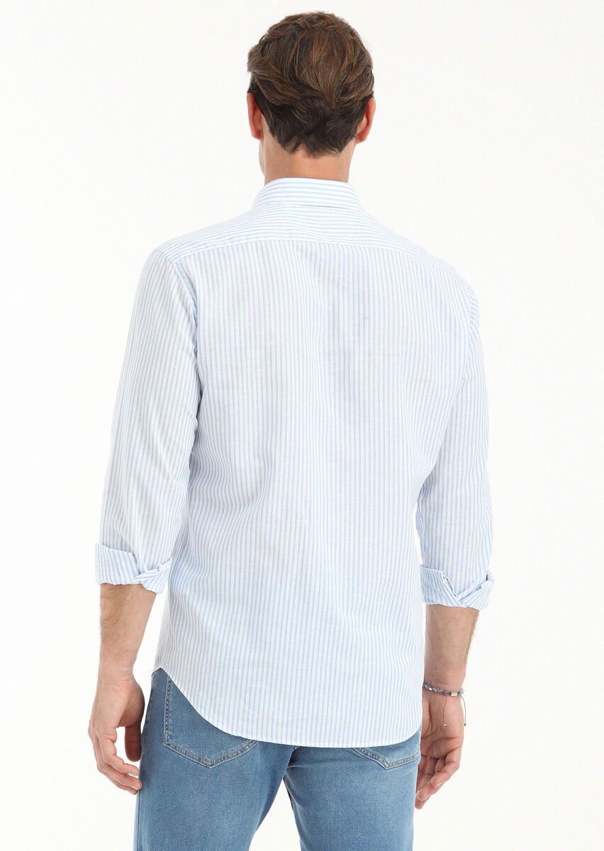 Mavi Çizgili Regular Fit Dokuma Casual Pamuk Karışımlı Gömlek - 4