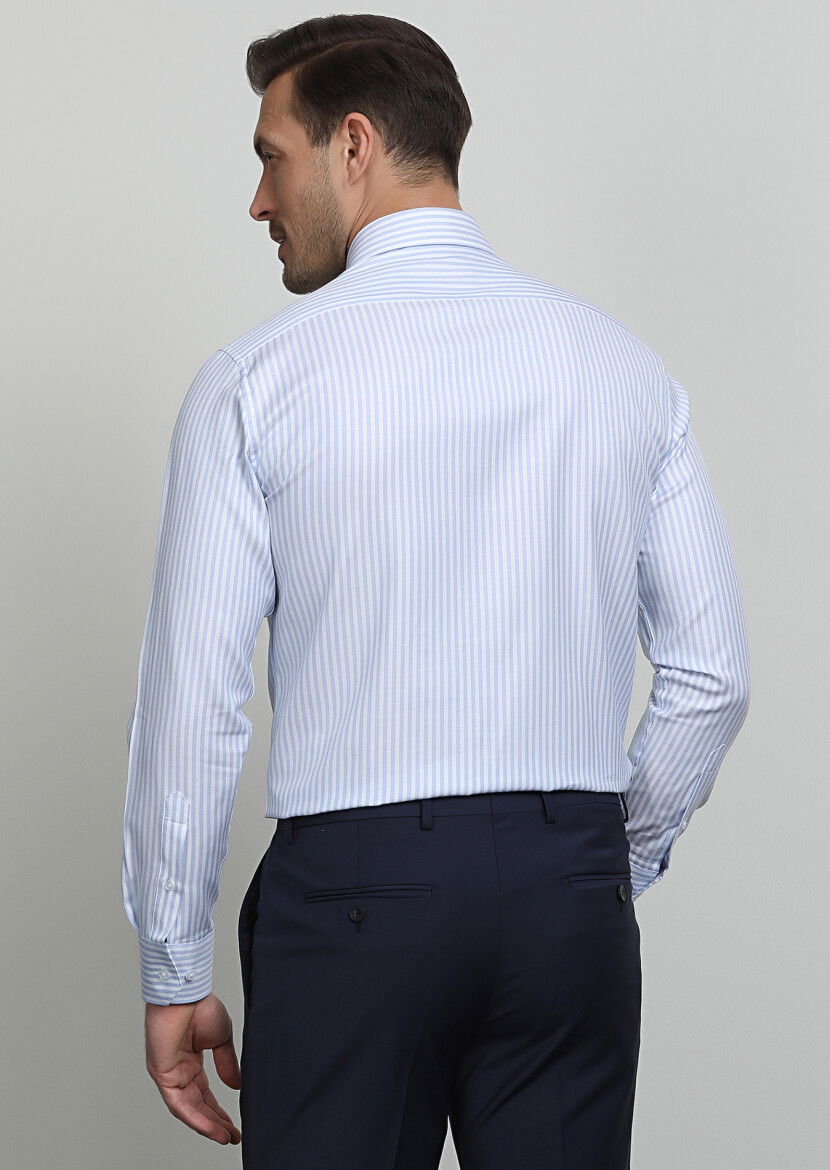 Mavi Çizgili Regular Fit Dokuma Klasik %100 Pamuk Gömlek - 4