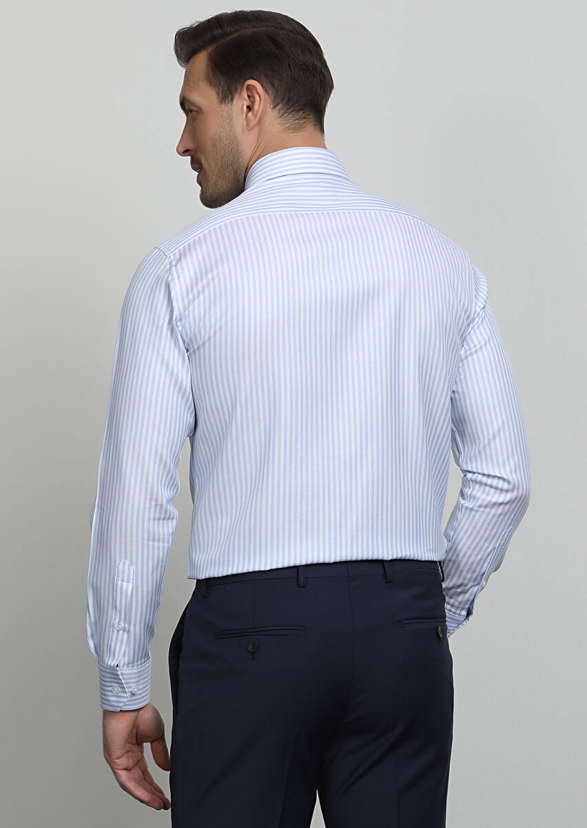 Mavi Çizgili Regular Fit Dokuma Klasik %100 Pamuk Gömlek - 4