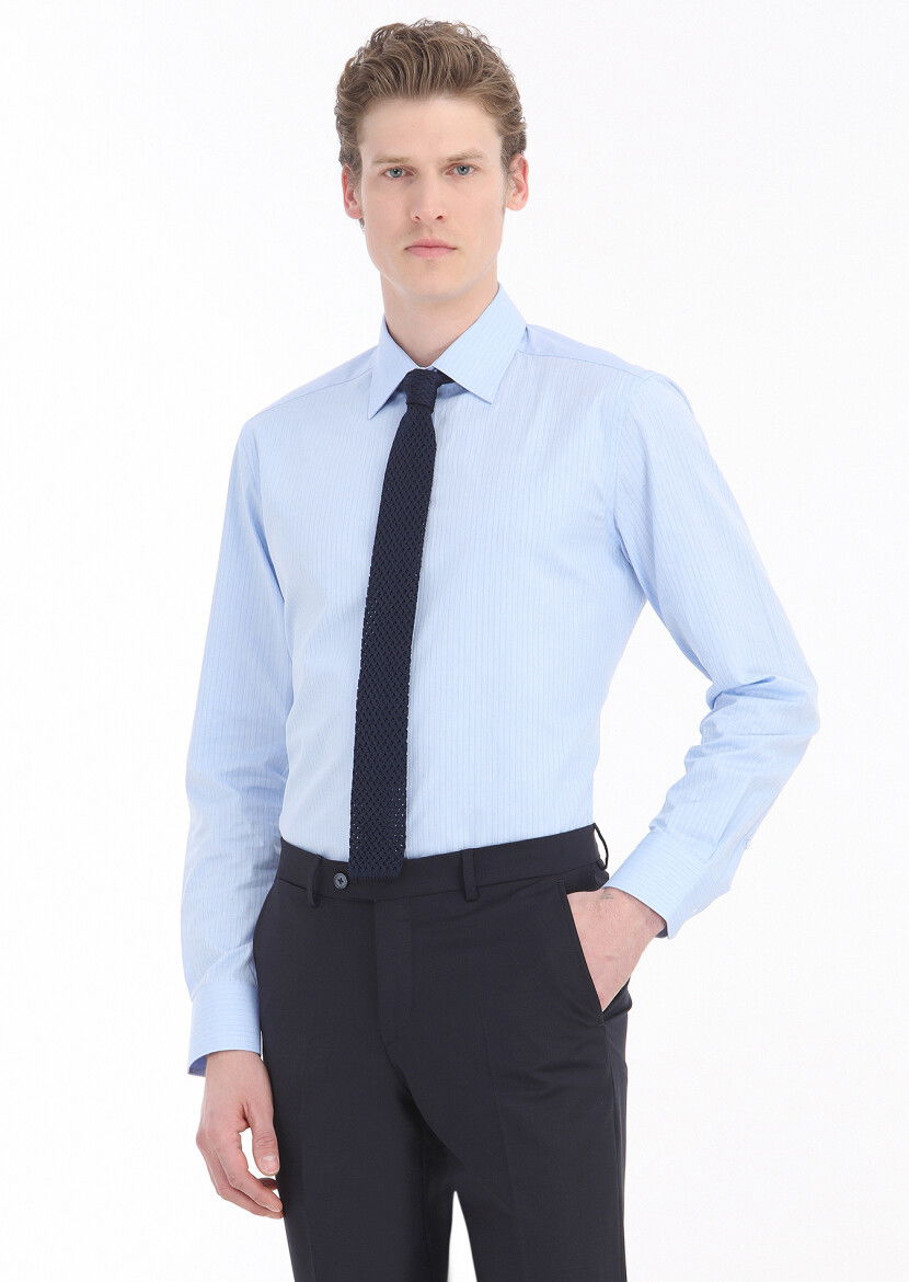 Mavi Çizgili Regular Fit Dokuma Klasik %100 Pamuk Gömlek 