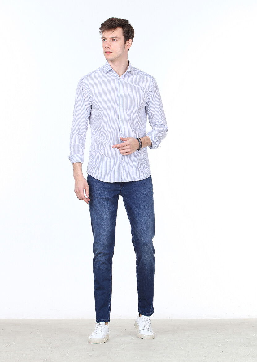 Mavi Çizgili Slim Fit Dokuma Casual Pamuk Karışımlı Gömlek - 2