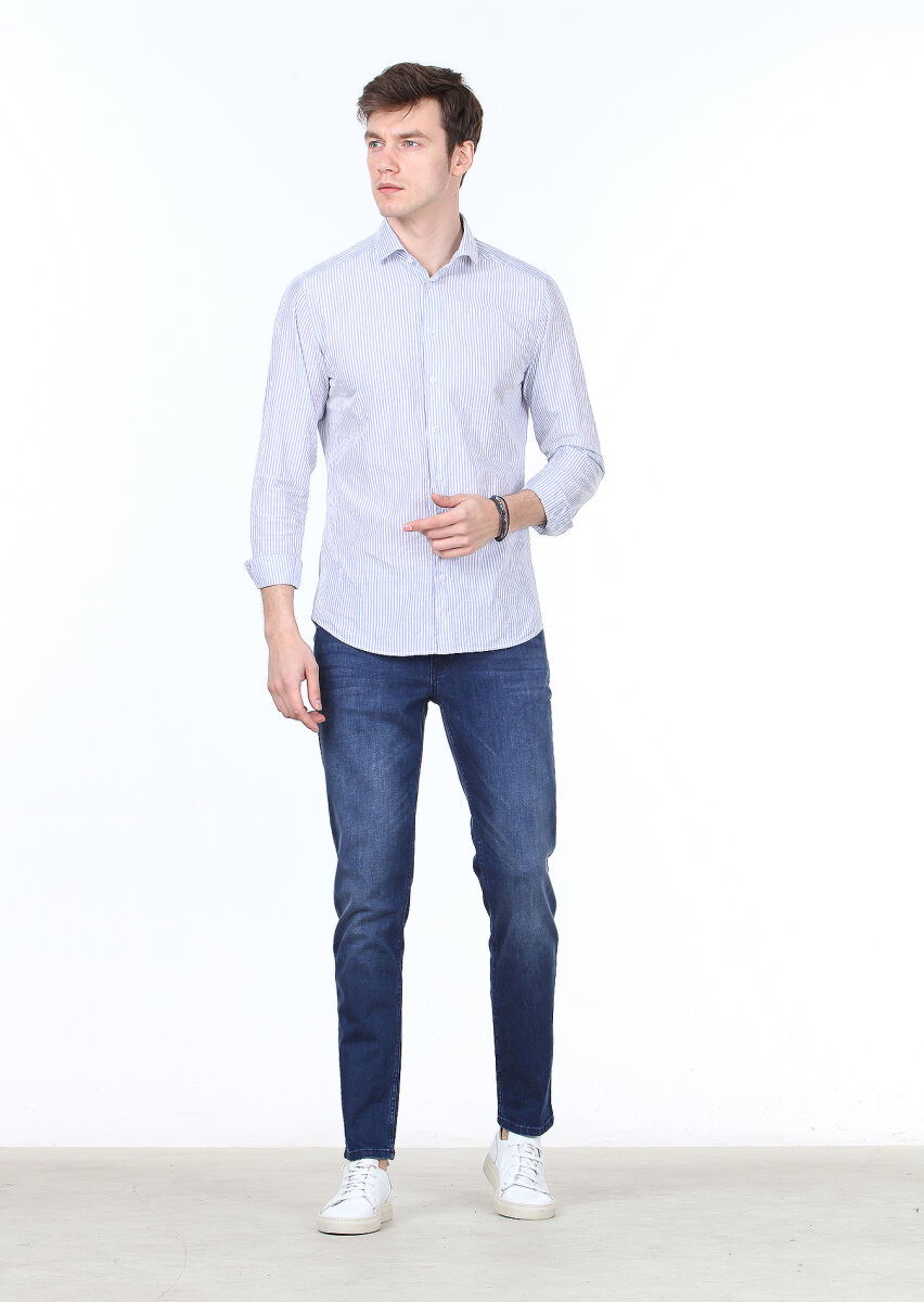 Mavi Çizgili Slim Fit Dokuma Casual Pamuk Karışımlı Gömlek - 2