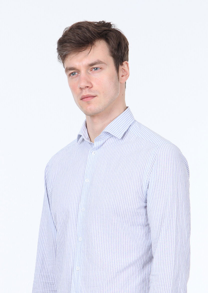Mavi Çizgili Slim Fit Dokuma Casual Pamuk Karışımlı Gömlek - 3