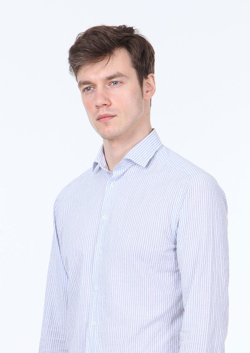 Mavi Çizgili Slim Fit Dokuma Casual Pamuk Karışımlı Gömlek - 3