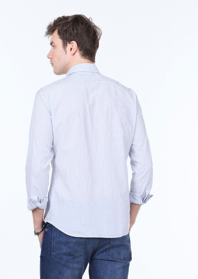 Mavi Çizgili Slim Fit Dokuma Casual Pamuk Karışımlı Gömlek - 4