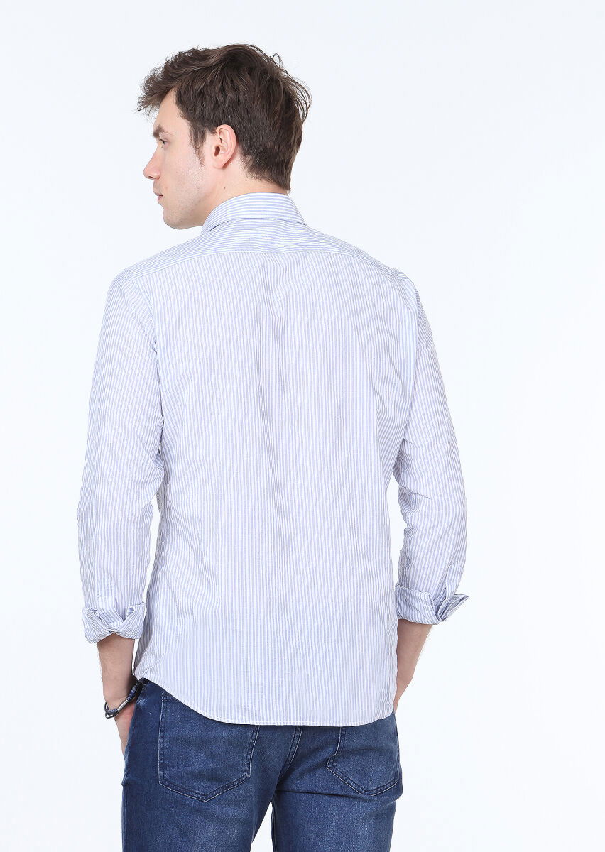 Mavi Çizgili Slim Fit Dokuma Casual Pamuk Karışımlı Gömlek - 4