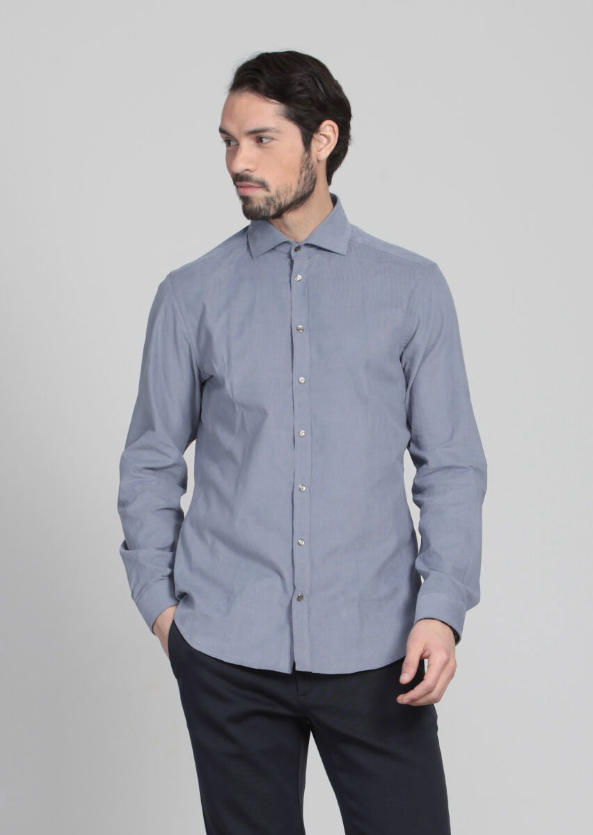 Mavi Çizgili Slim Fit Dokuma Kadife Casual Pamuk Karışımlı Gömlek - 1
