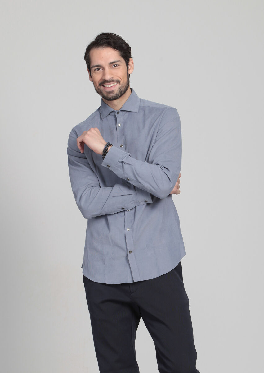 Mavi Çizgili Slim Fit Dokuma Kadife Casual Pamuk Karışımlı Gömlek - 2