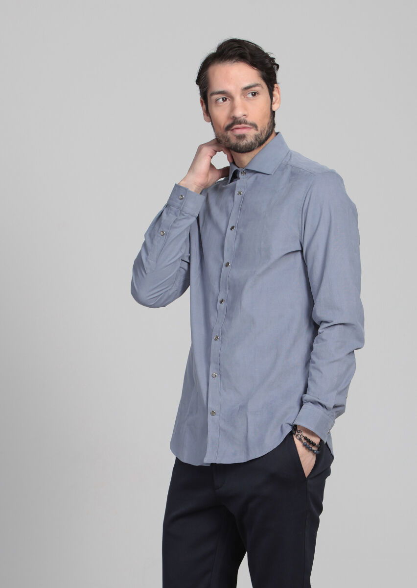 Mavi Çizgili Slim Fit Dokuma Kadife Casual Pamuk Karışımlı Gömlek - 3