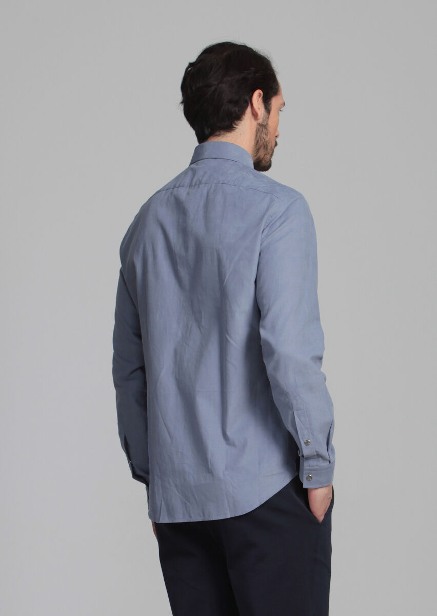 Mavi Çizgili Slim Fit Dokuma Kadife Casual Pamuk Karışımlı Gömlek - 5