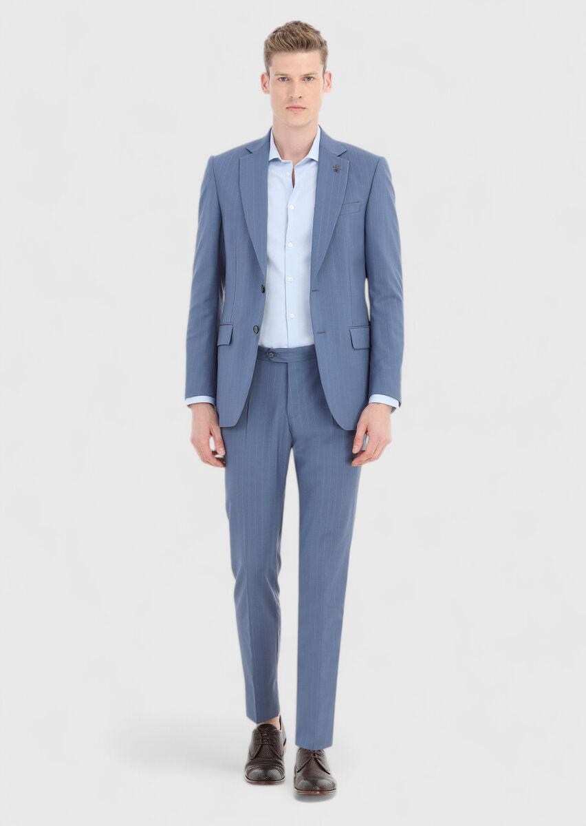 Mavi Çizgili Thin&taller Slim Fit %100 Yün Takım Elbise - 1