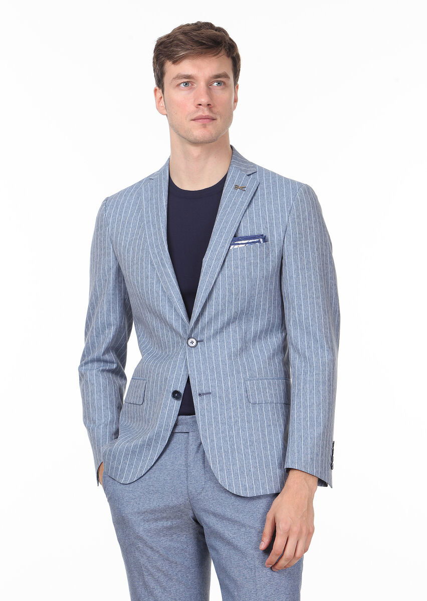Mavi Çizgili Zeroweight Slim Fit İpek Karışımlı Takım Elbise - 1