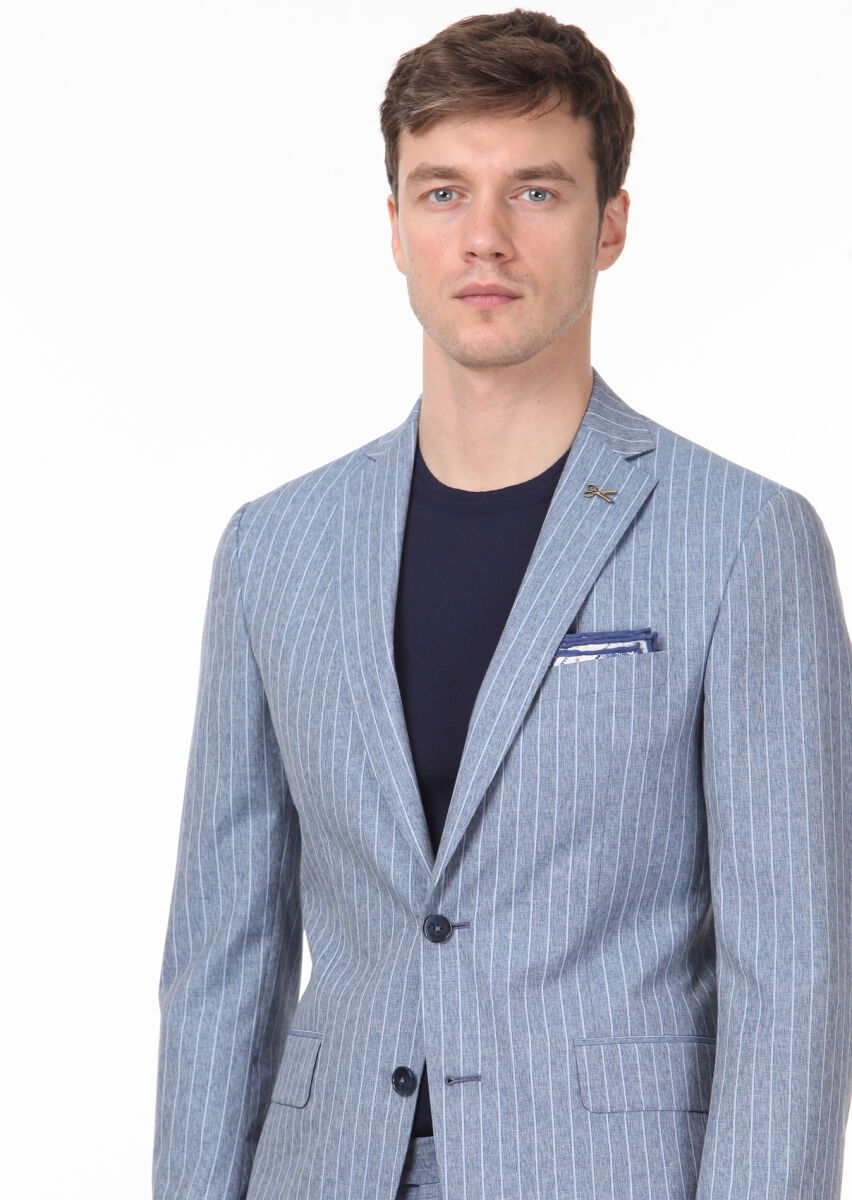 Mavi Çizgili Zeroweight Slim Fit İpek Karışımlı Takım Elbise - 2