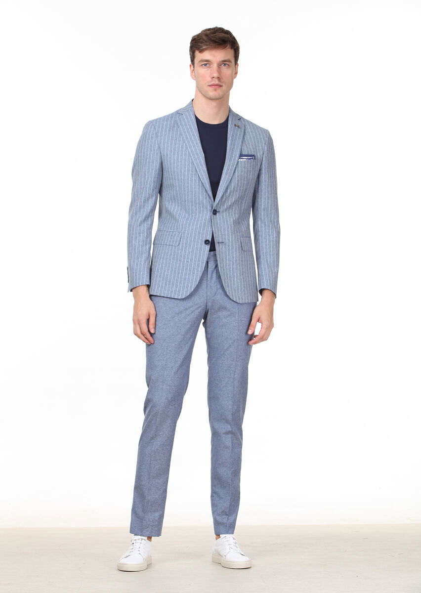 Mavi Çizgili Zeroweight Slim Fit İpek Karışımlı Takım Elbise - 3
