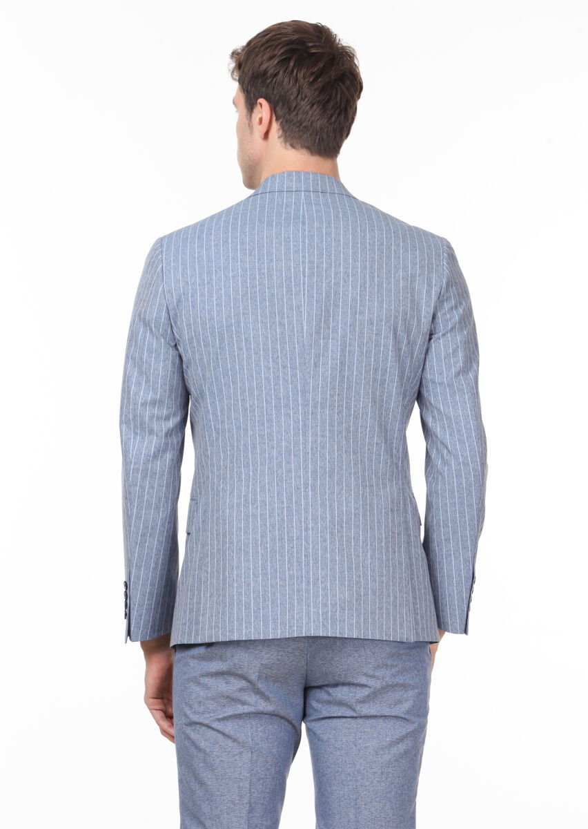 Mavi Çizgili Zeroweight Slim Fit İpek Karışımlı Takım Elbise - 4
