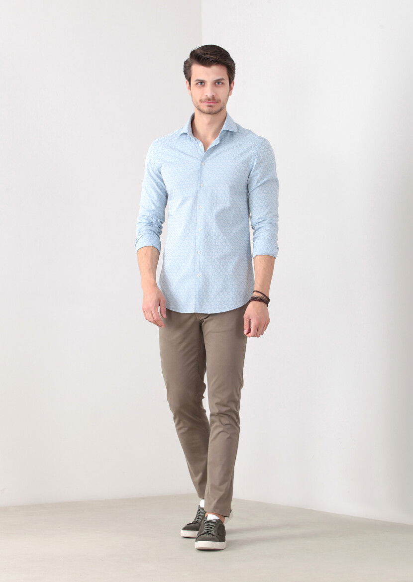 Mavi Desenli Fitted Fit Dokuma Casual %100 Pamuk Gömlek - 1