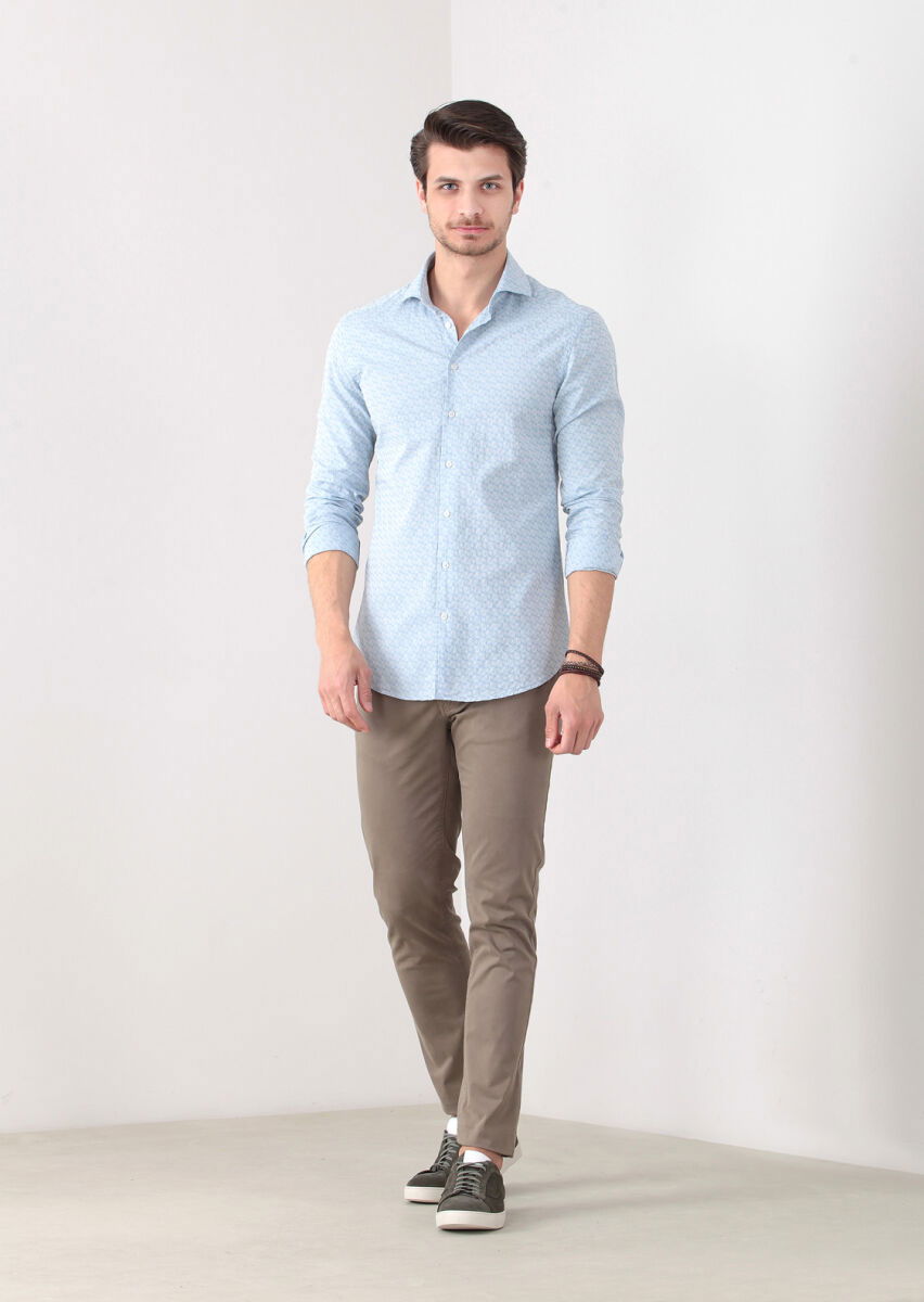 Mavi Desenli Fitted Fit Dokuma Casual %100 Pamuk Gömlek - 1