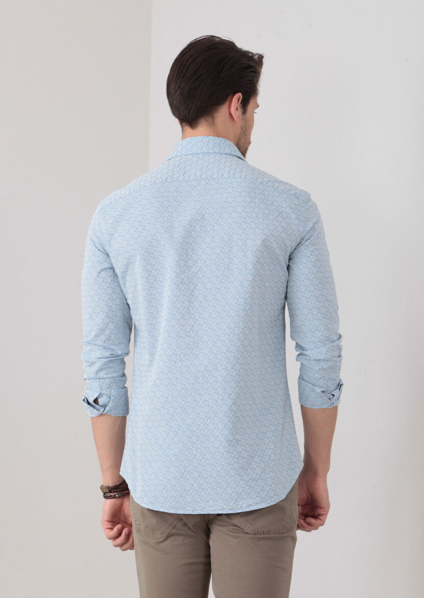 Mavi Desenli Fitted Fit Dokuma Casual %100 Pamuk Gömlek - 4
