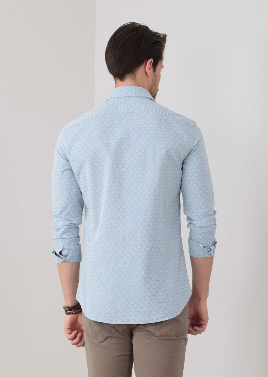Mavi Desenli Fitted Fit Dokuma Casual %100 Pamuk Gömlek - 4