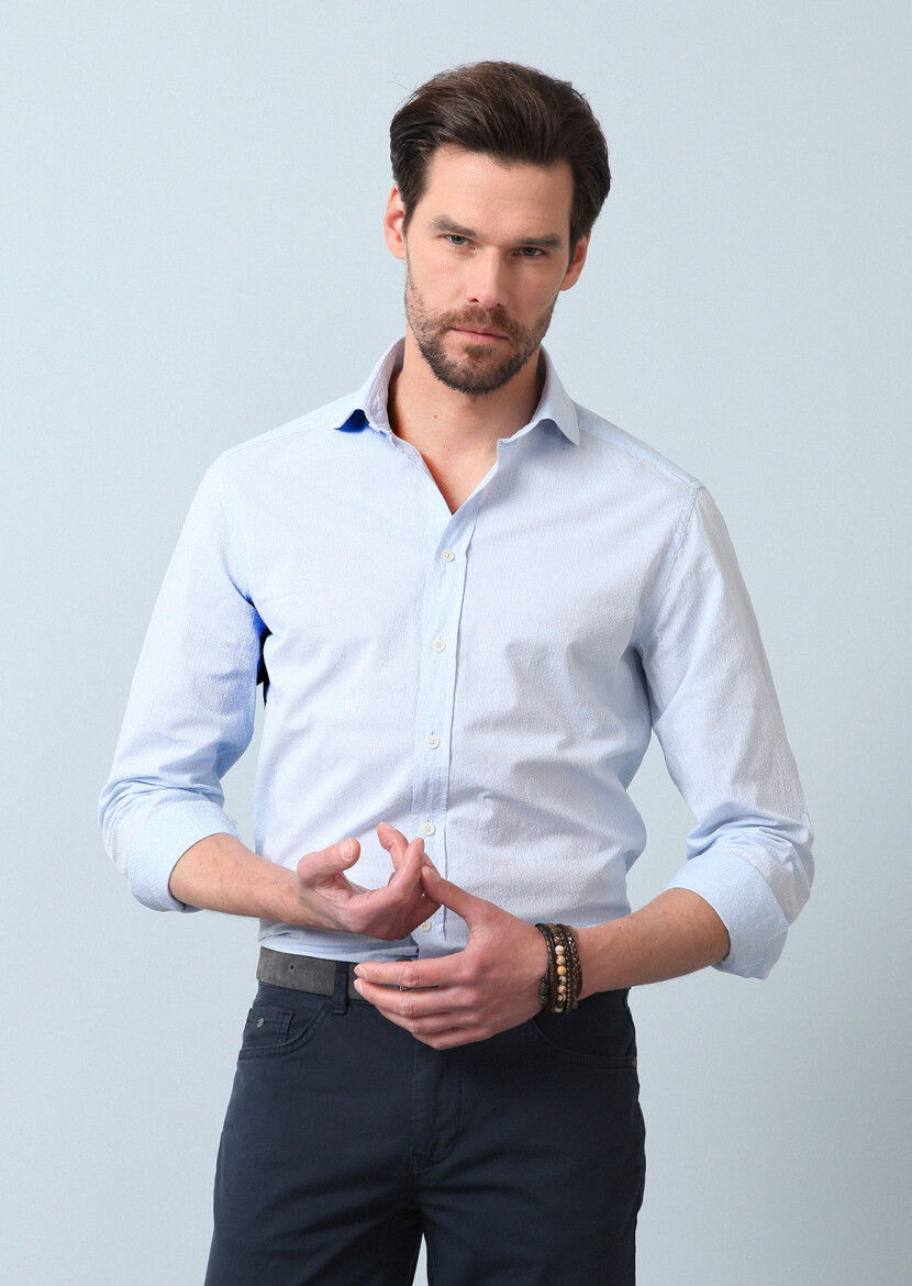 Mavi Desenli Slim Fit Dokuma Casual Pamuk Karışımlı Gömlek 
