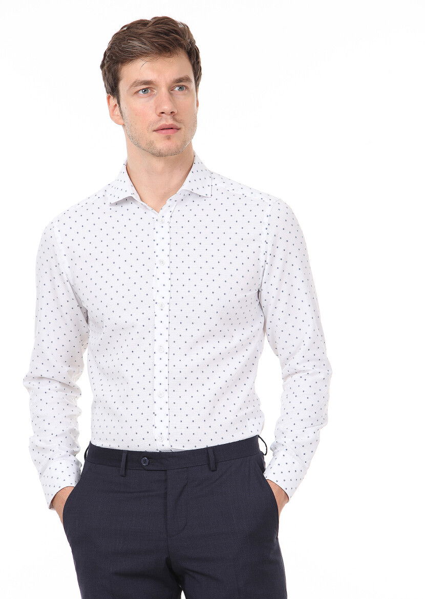 Mavi Desenli Slim Fit Dokuma Klasik %100 Pamuk Gömlek - 1