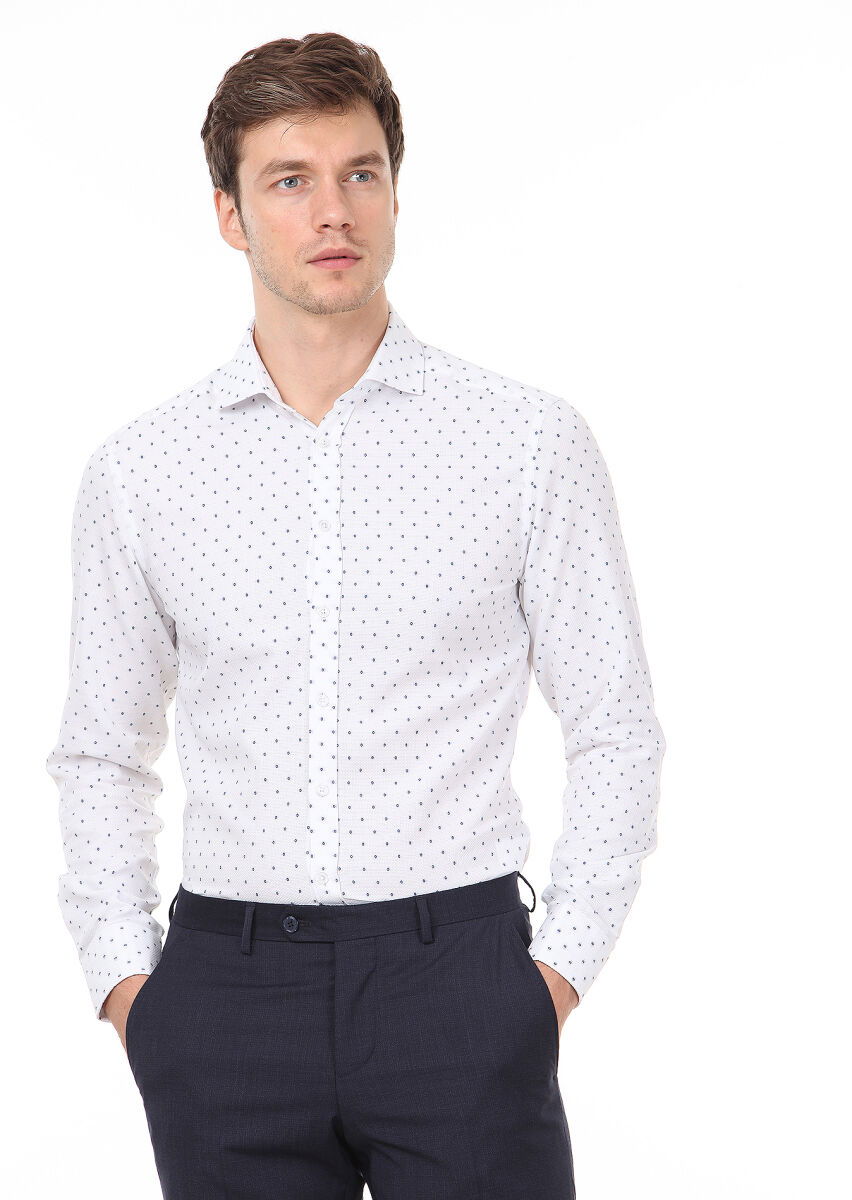 Mavi Desenli Slim Fit Dokuma Klasik %100 Pamuk Gömlek - 1