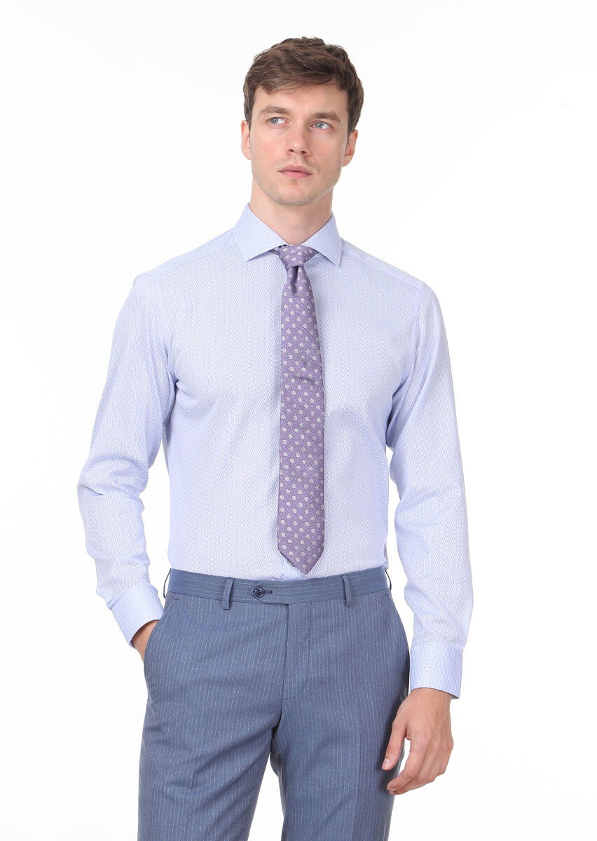 Mavi Desenli Slim Fit Dokuma Klasik %100 Pamuk Gömlek - 1