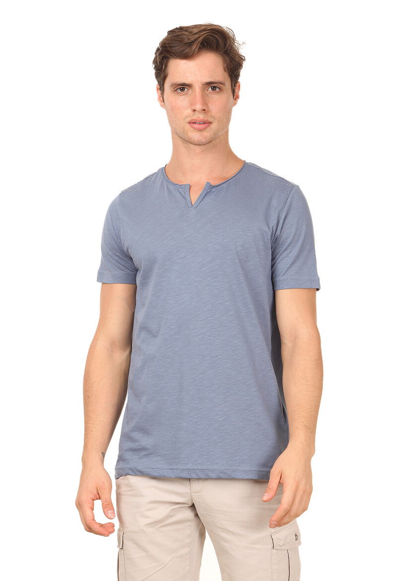 Mavi Düz %100 Pamuk T-Shirt - 1