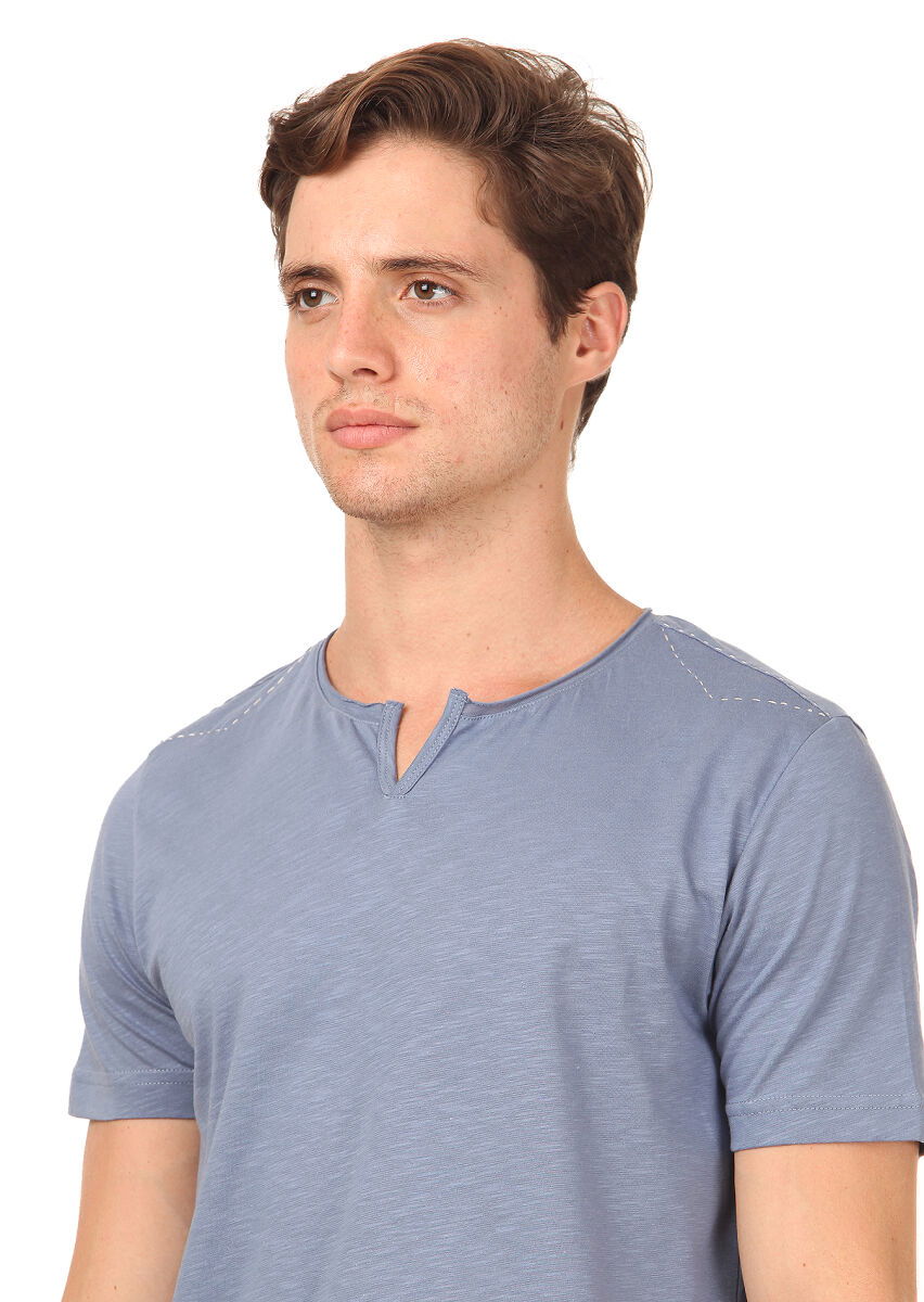 Mavi Düz %100 Pamuk T-Shirt - 2