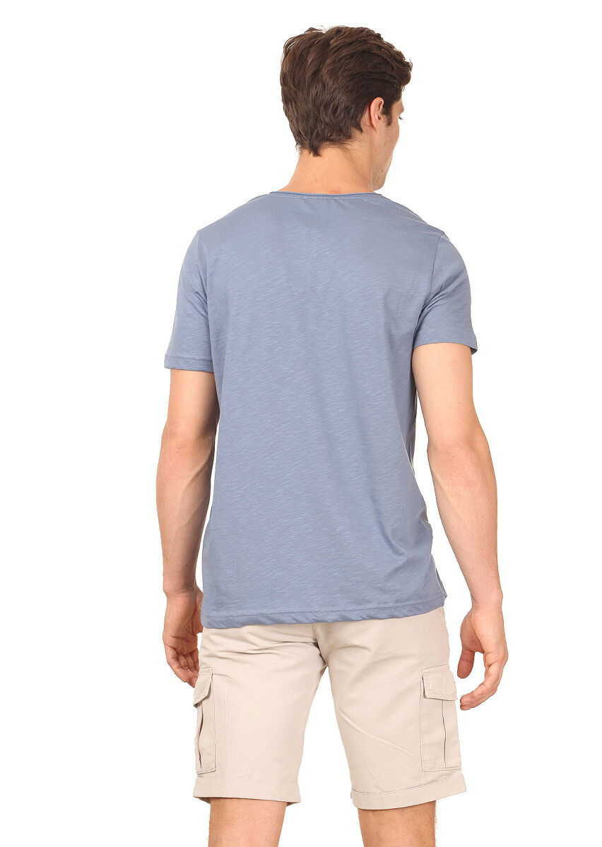 Mavi Düz %100 Pamuk T-Shirt - 4