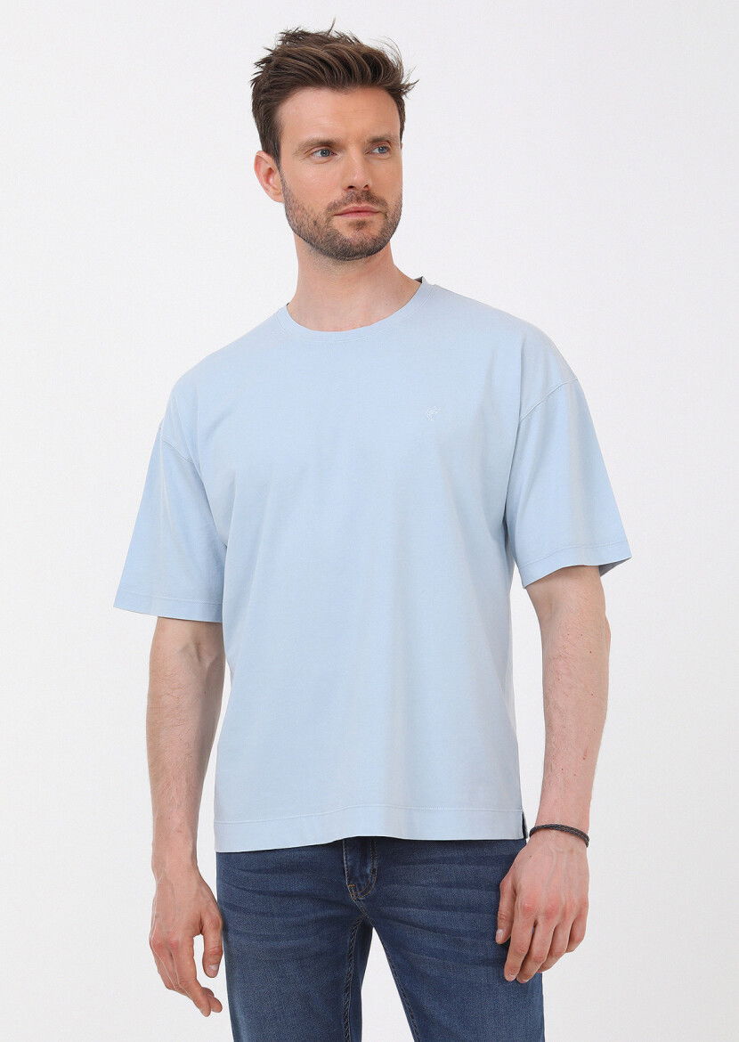 Mavi Düz Bisiklet Yaka %100 Pamuk T-Shirt 