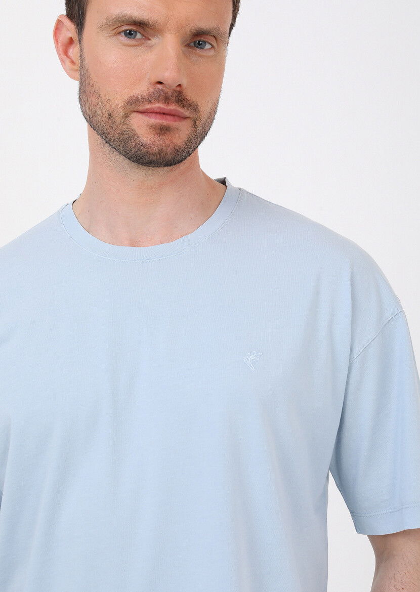 Mavi Düz Bisiklet Yaka %100 Pamuk T-Shirt 