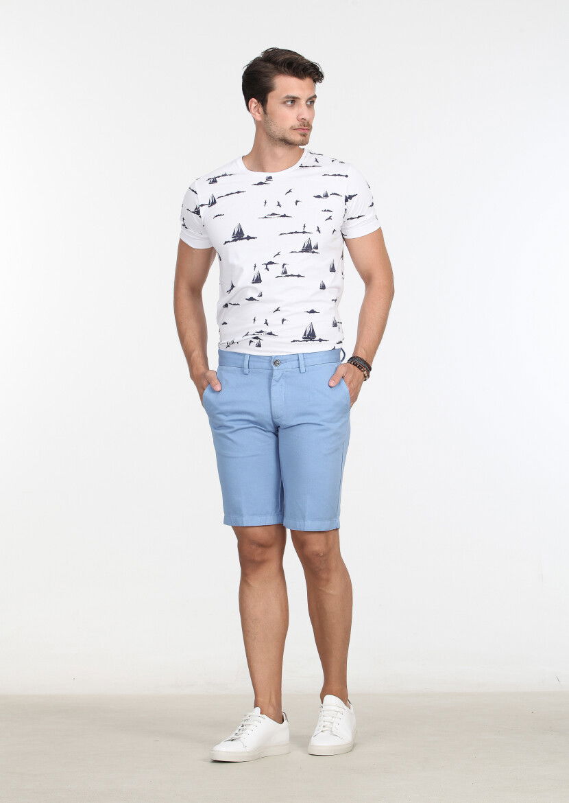 Mavi Düz Dokuma Regular Fit Casual Pamuk Karışımlı Bermuda 